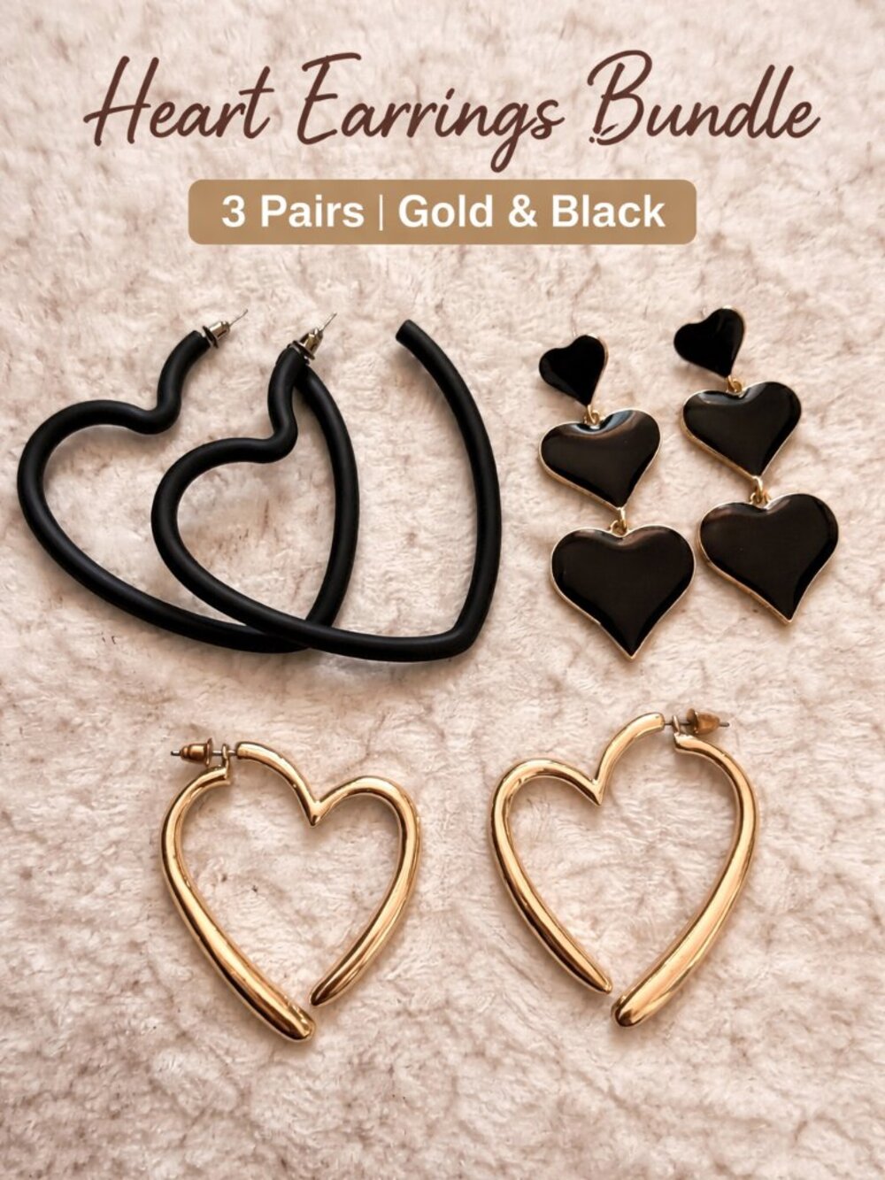 Heart Earrings Bundle (3 Pairs) | Gold & Black | Statement + Minimal - Picture 1 of 4